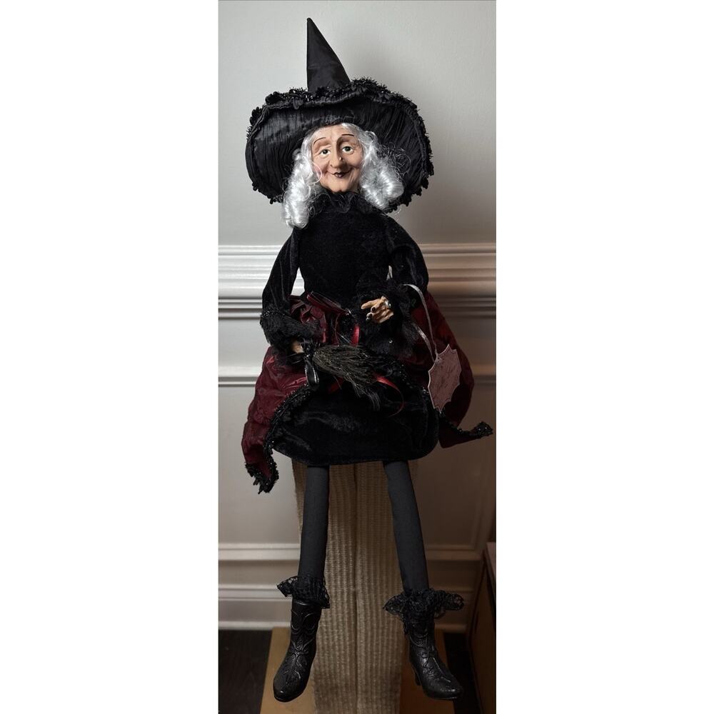 Bella Lux Halloween Witch Doll 25” Burgundy Black Broom Large Decor - Picture 2 of 11
